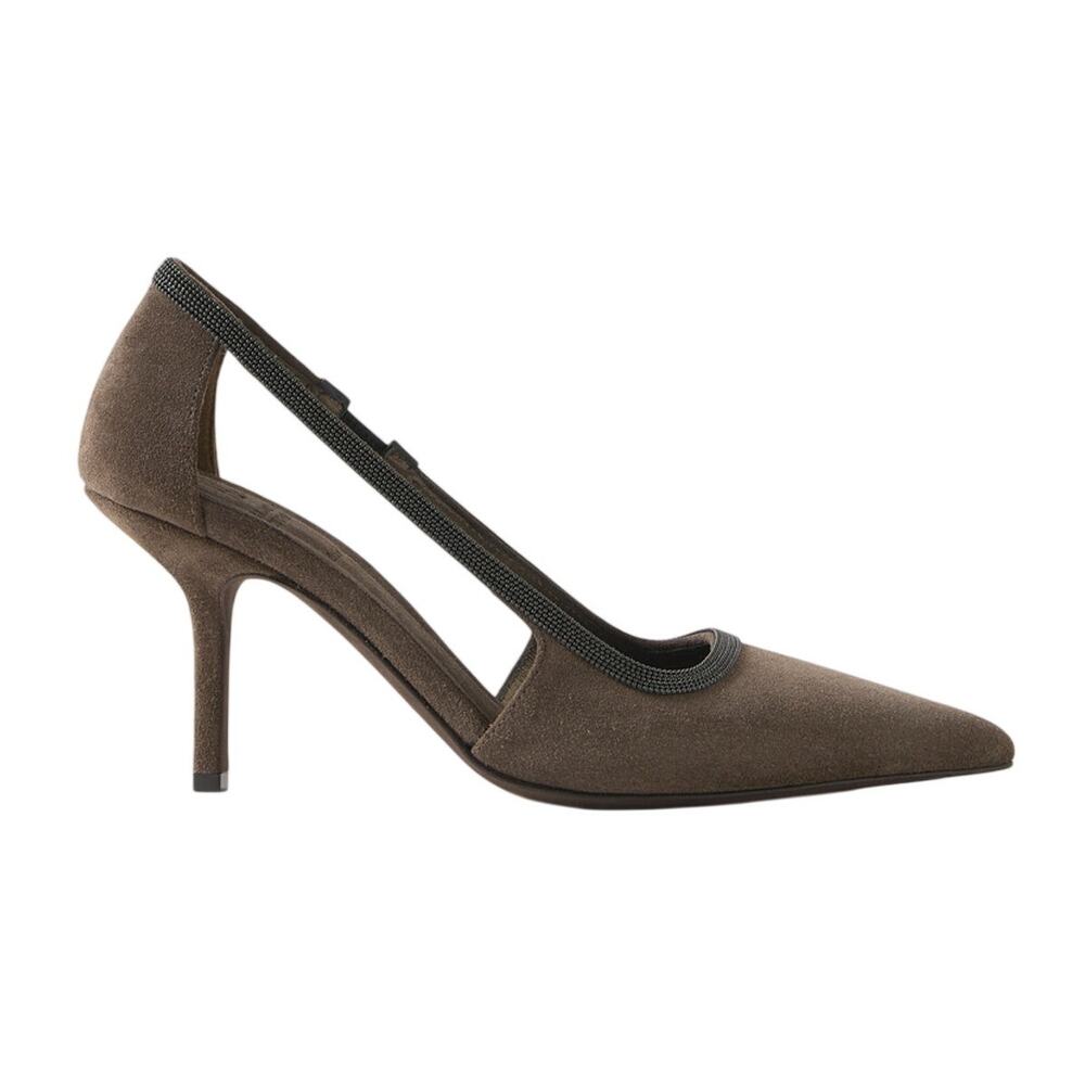 Brunello Cucinelli Bead Embellished Dark Brown Cutout Suede Pumps Size IT 40 /